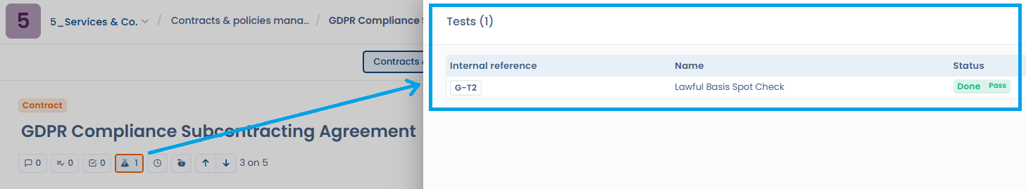 Icône indiquant le nombre de tests de conformité liés à un contrat