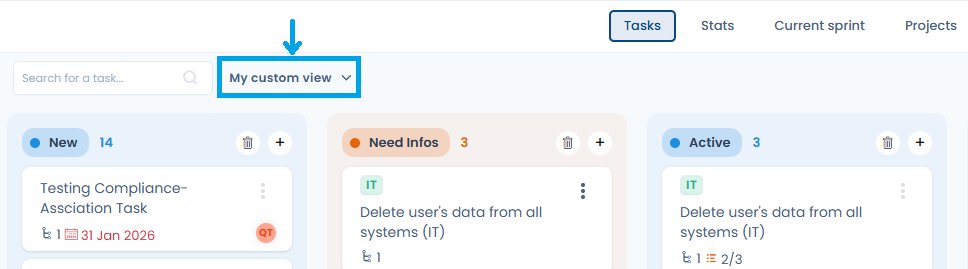 Sélecteur de vues personnalisées dans le module Planification — vue Kanban