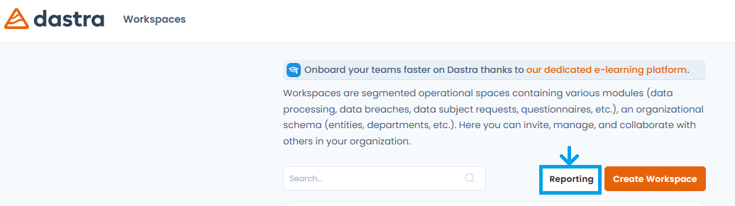 Bouton Reporting dans la liste des espaces de travail