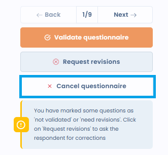 Actions de validation d'une réponse : Valider, Demander une révision, Annuler le questionnaire