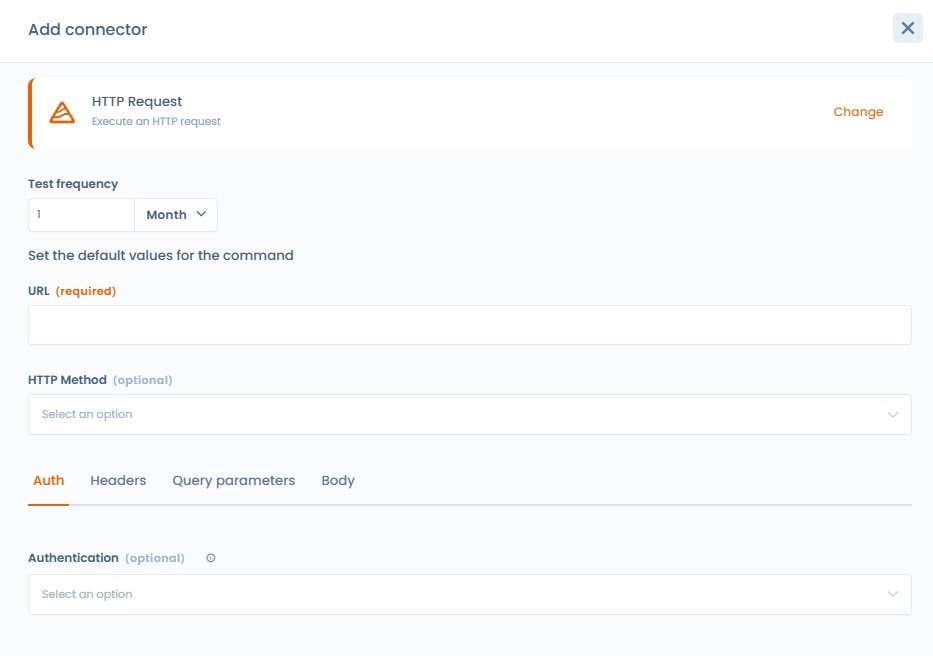 Fenêtre d’ajout d’un connecteur HTTP avec les champs URL, méthode HTTP, Auth, Headers, Query parameters, Body
