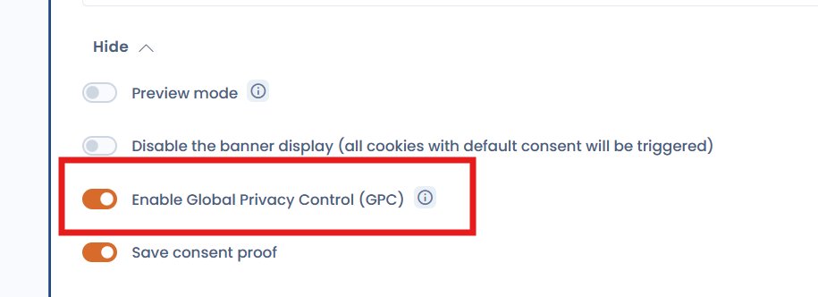 Toggle Enable Global Privacy Control (GPC) dans la configuration avancée du widget