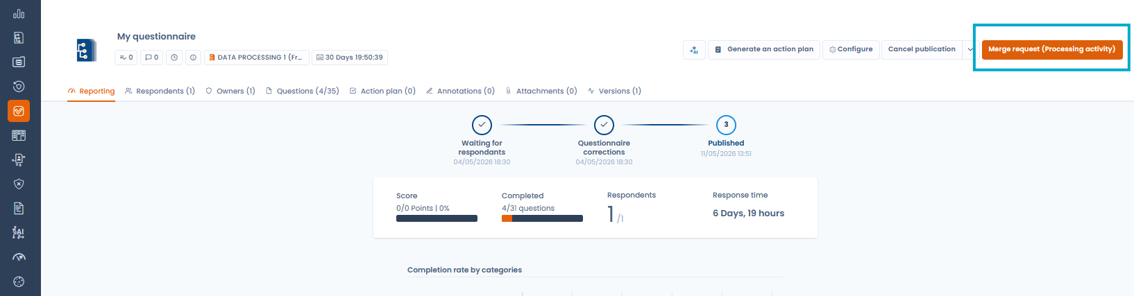 Vue de reporting d'une réponse avec le bouton Fusionner la demande (Traitement)