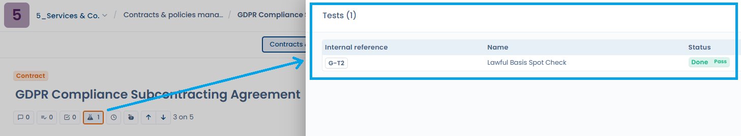 Vue d'un contrat avec le panneau Tests listant les tests de conformité associés