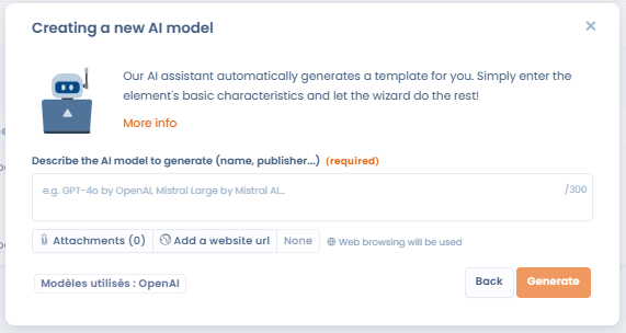Formulaire de génération d'un système d'IA avec champ de description et options d'URL