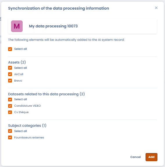 Fenêtre de synchronisation affichant les actifs, jeux de données et catégories de personnes à importer